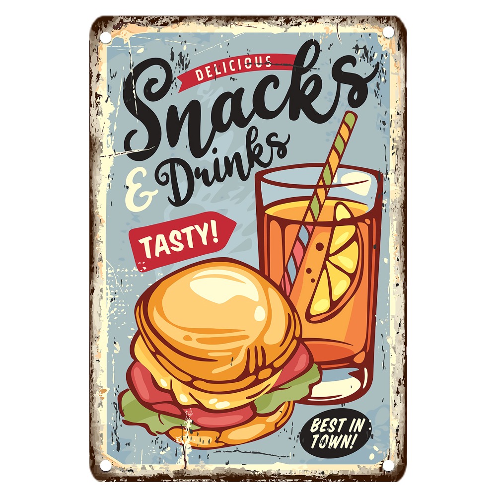 Food Snacks Drinks - Vintage voedsel metalen bord, 12x8 inch